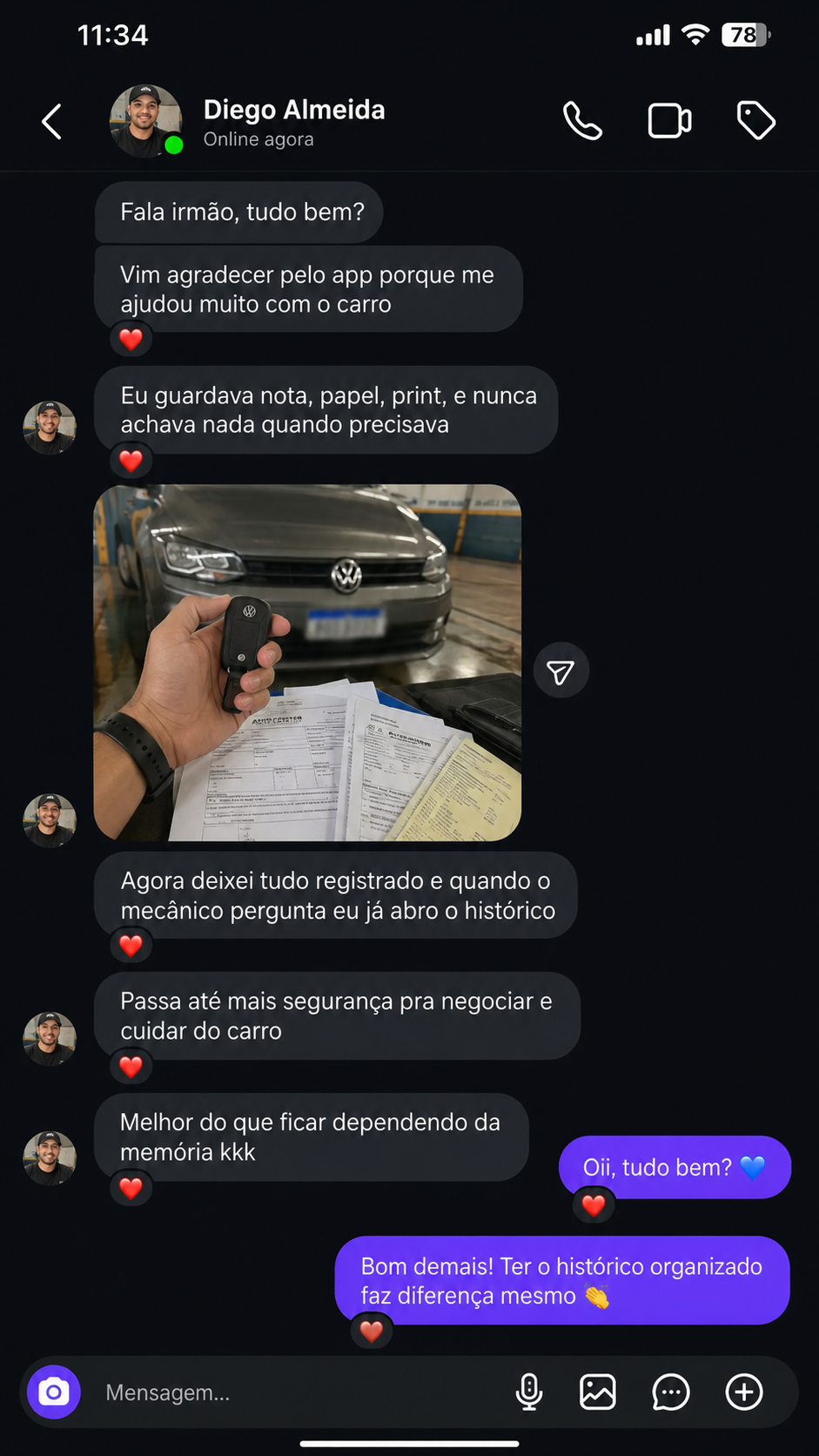 Depoimento de usuário enviado por WhatsApp