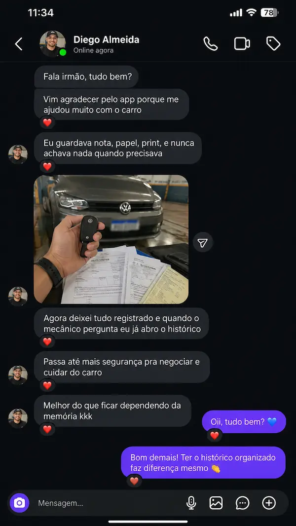 Depoimento de usuário enviado por WhatsApp