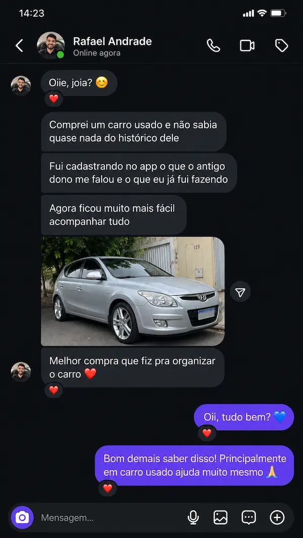 Depoimento de usuário enviado por WhatsApp