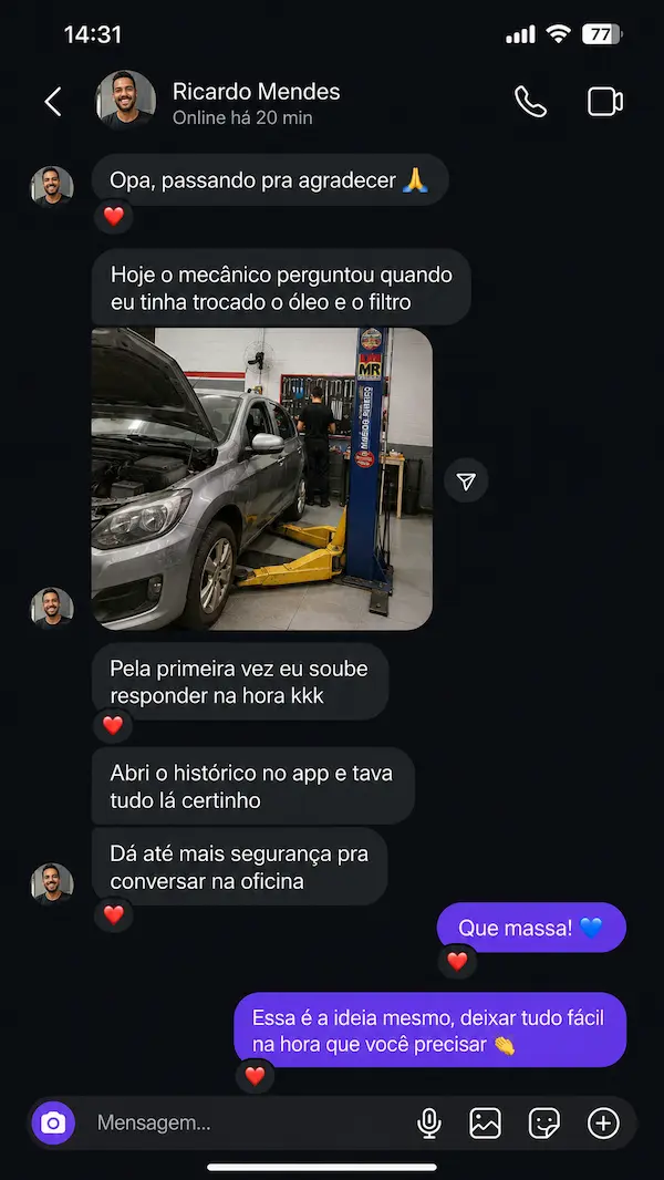Depoimento de usuário enviado por WhatsApp