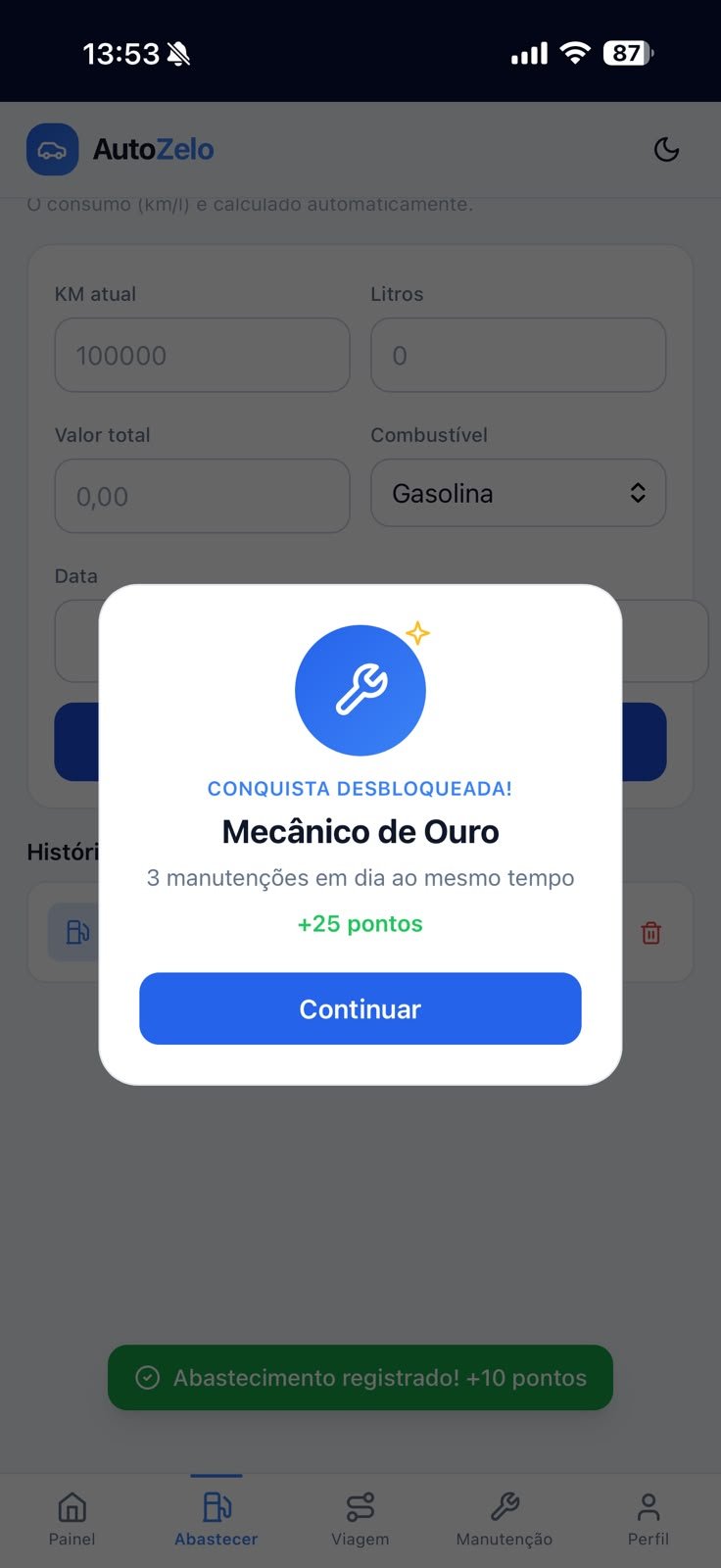 Tela de pontos, níveis e conquistas