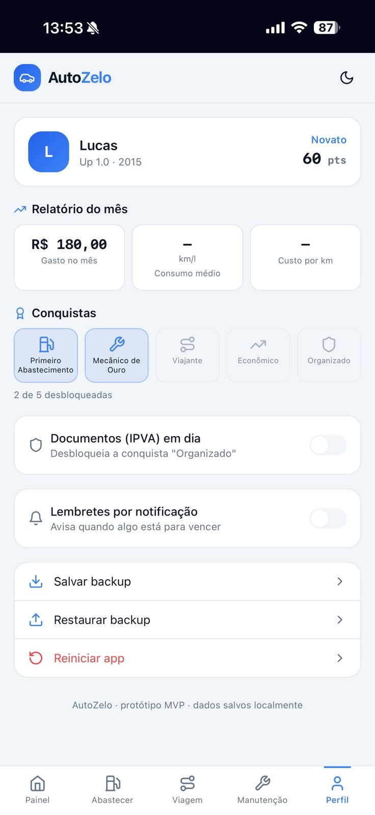 Tela de perfil com o relatório de gastos do mês