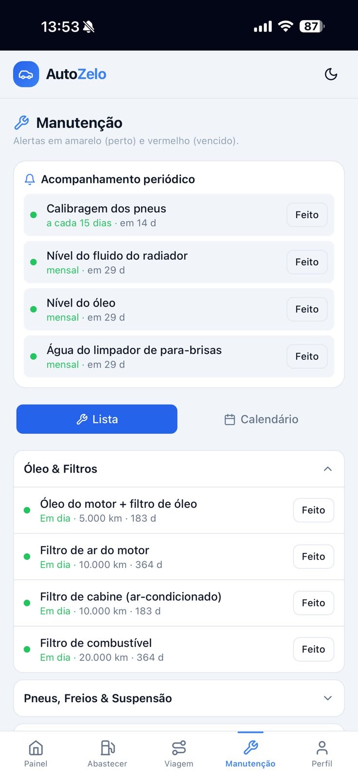 Tela com o status das manutenções por cor