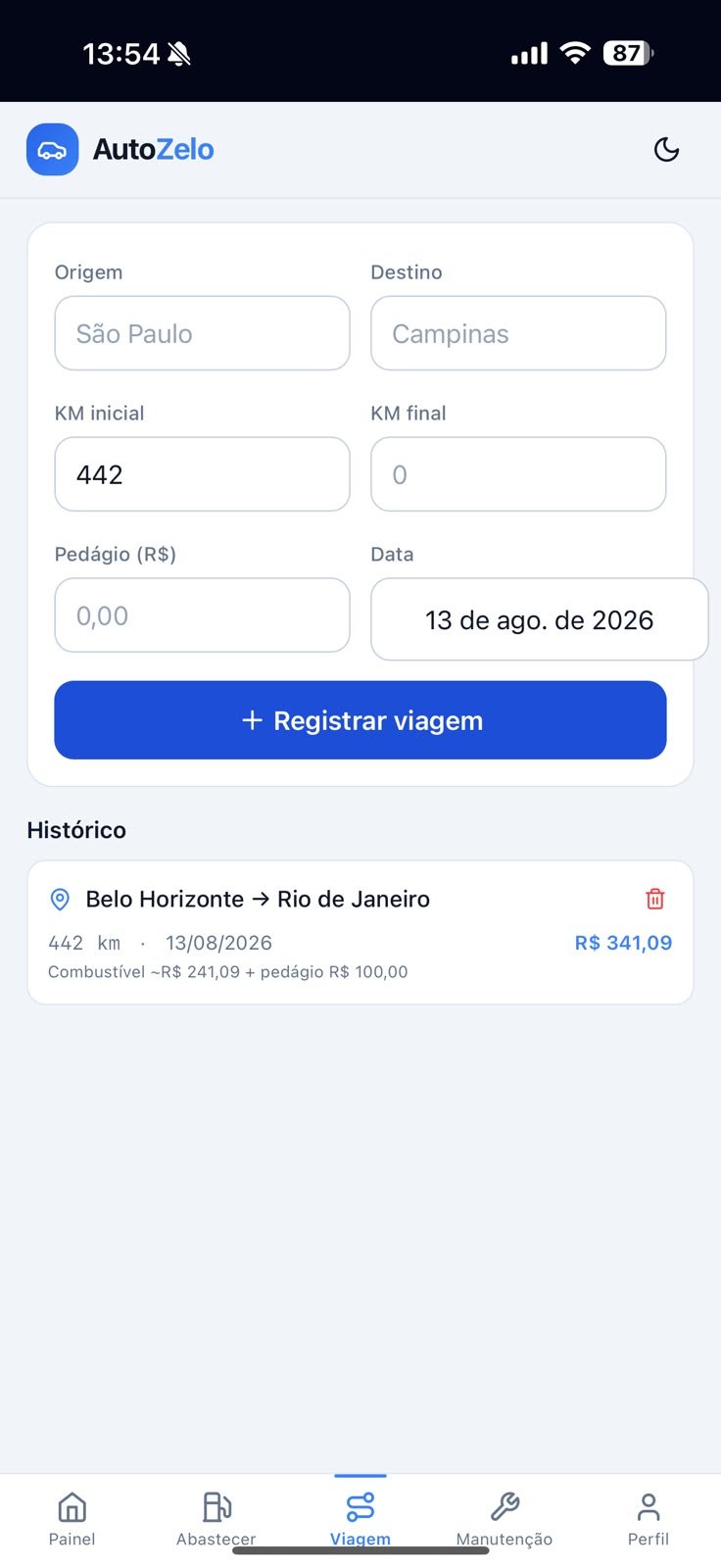 Tela de registro de viagens com quilometragem e pedágio